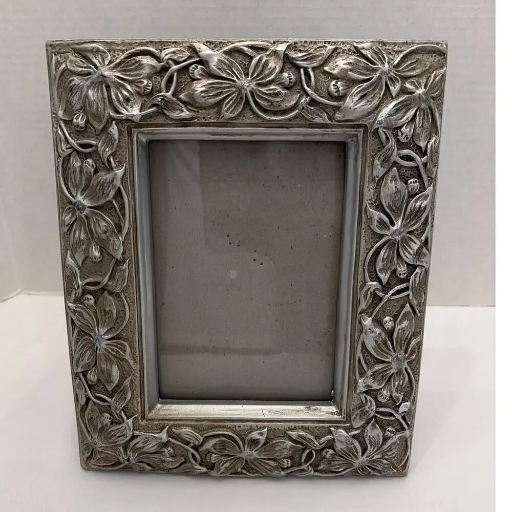 Six Trees Floral Picture Frame 5x7 Silver Tone Resin Cottage Farmhouse Decor